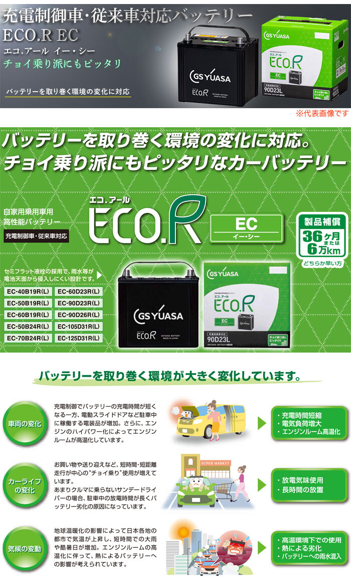 GSユアサ 充電制御車対応 バッテリー ECO.R EC EC-60B19L 乗用車専用 従来車対応