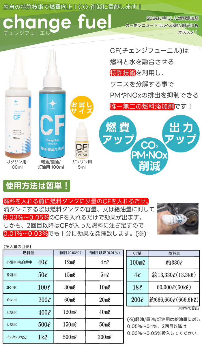 アルファス チェンジフューエル CF ガソリン用 5ml 特許技術を使用した燃焼促進剤 お試しサイズ【メール便可】