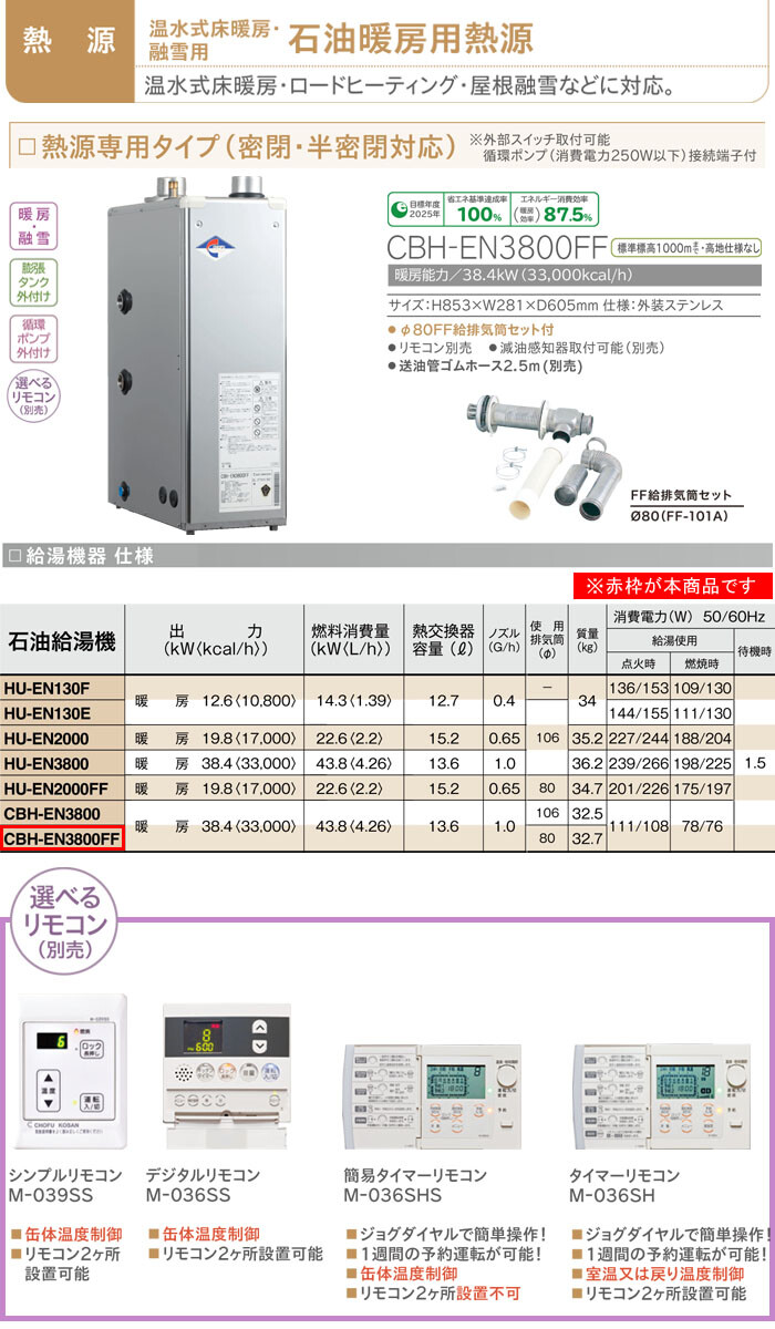 石油暖房用熱源ボイラー 熱源専用タイプ CBH-EN3800FF 長府工産 給排