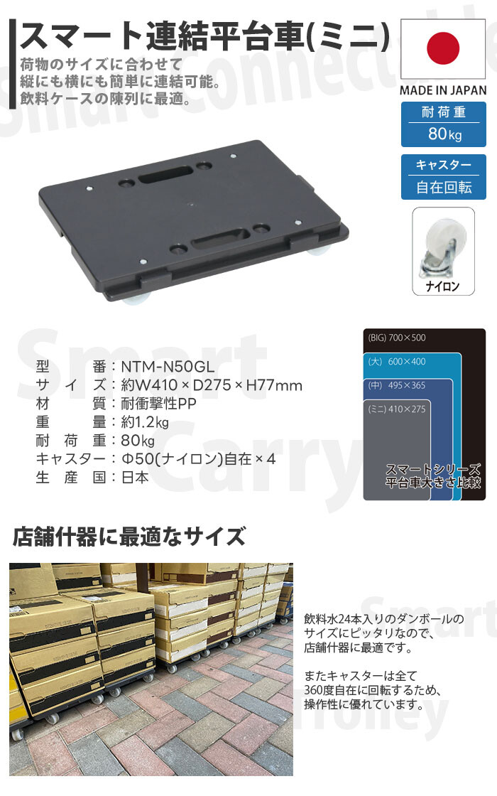 日東 スマート連結平台車 ミニ NTM-N50GL 41×27.5×7.7cm 均等荷重80kg 押し入れスライダー