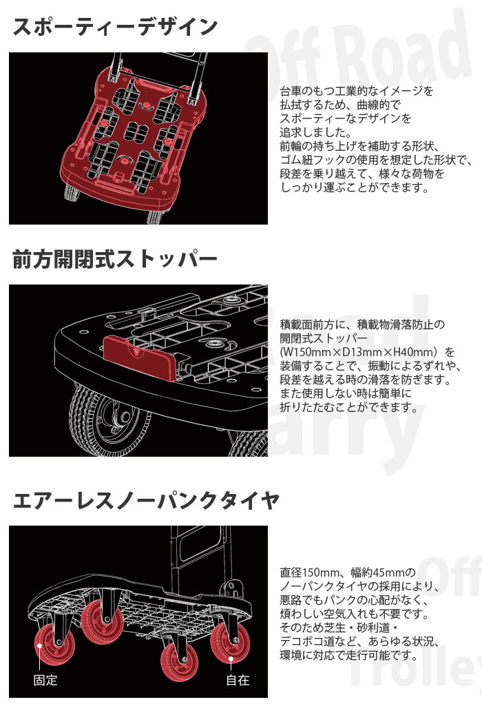 日東 オフロード台車 タフバギー NTH-NP150BK 75×48×23cm 2輪自在 均等荷重100kg φ150キャスター【個人宅配送不可】