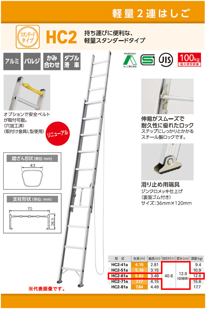 2連はしご 5.83m 軽量アルミ製 HC2-61a ハセガワ（長谷川工業）【営業