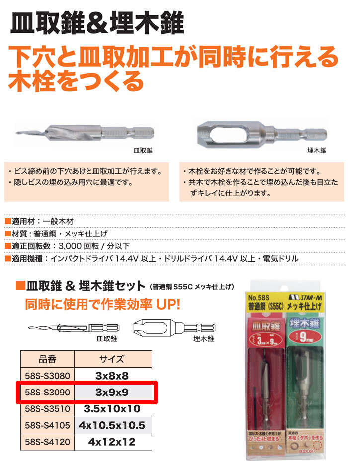 皿取錐＆埋木錐セット 58S-S3090 (株)スターエム【数量限定】【メール