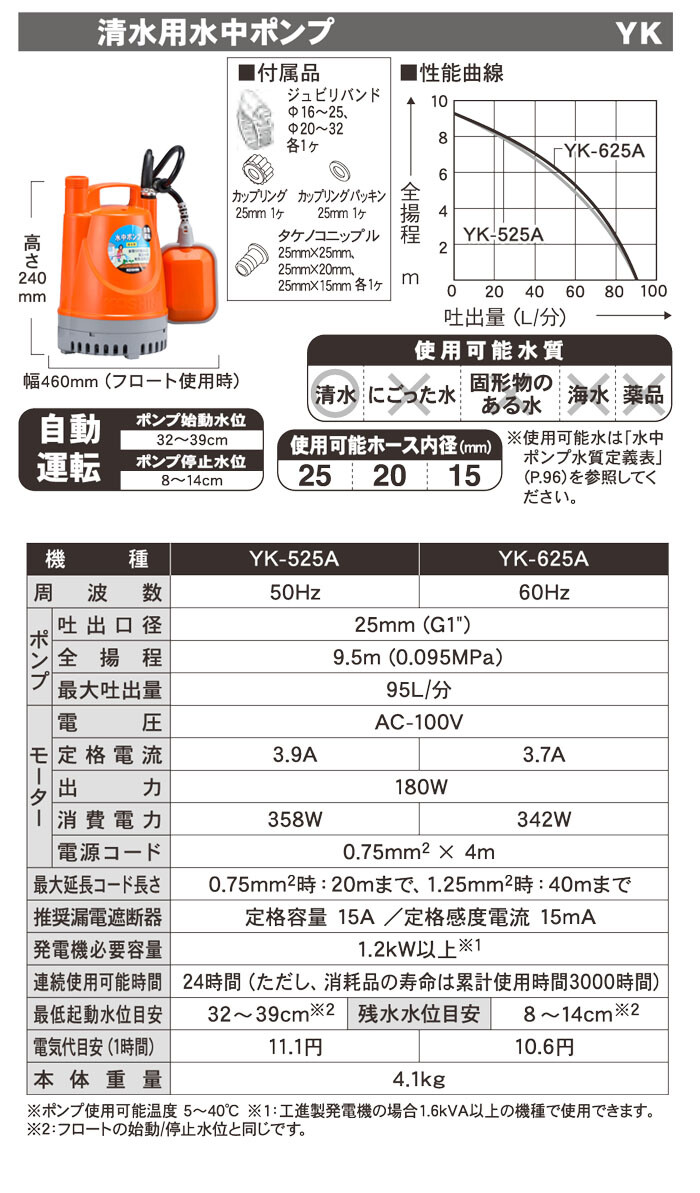 工進(KOSHIN) 水中ポンプ 自動停止機能付き 清水用 25mm口径 家庭用 YK-525A 50Hz 100V