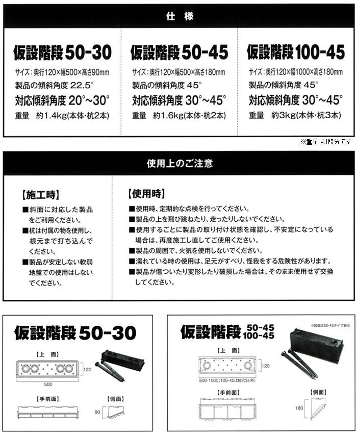 仮設階段 急傾斜向け 幅広タイプ 楽カル 幅1000×奥行120×高さ180 4段分