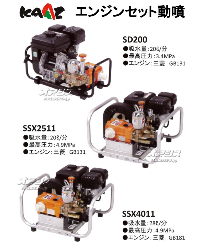 ガスセット エンジンセット動噴 SSX2511 カーツ(KAAZ) Max4.9MPa 吸水20L/分