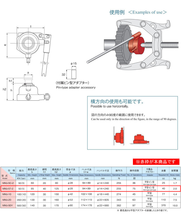 ミニタイプ油圧ジャッキ 5トン MMJ-5T-2 MASADA(マサダ製作所 ミニタイプ油圧ジャッキ 5トン MMJ-5T-2 MASADA(マサダ製作所