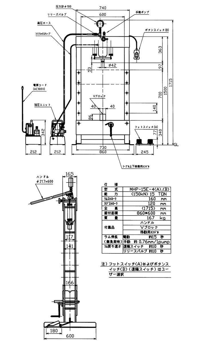 MASADA（マサダ製作所） 電動式門型油圧プレス 15トン 電動+手動型 ボタンスイッチ式 MHP-15E-4B