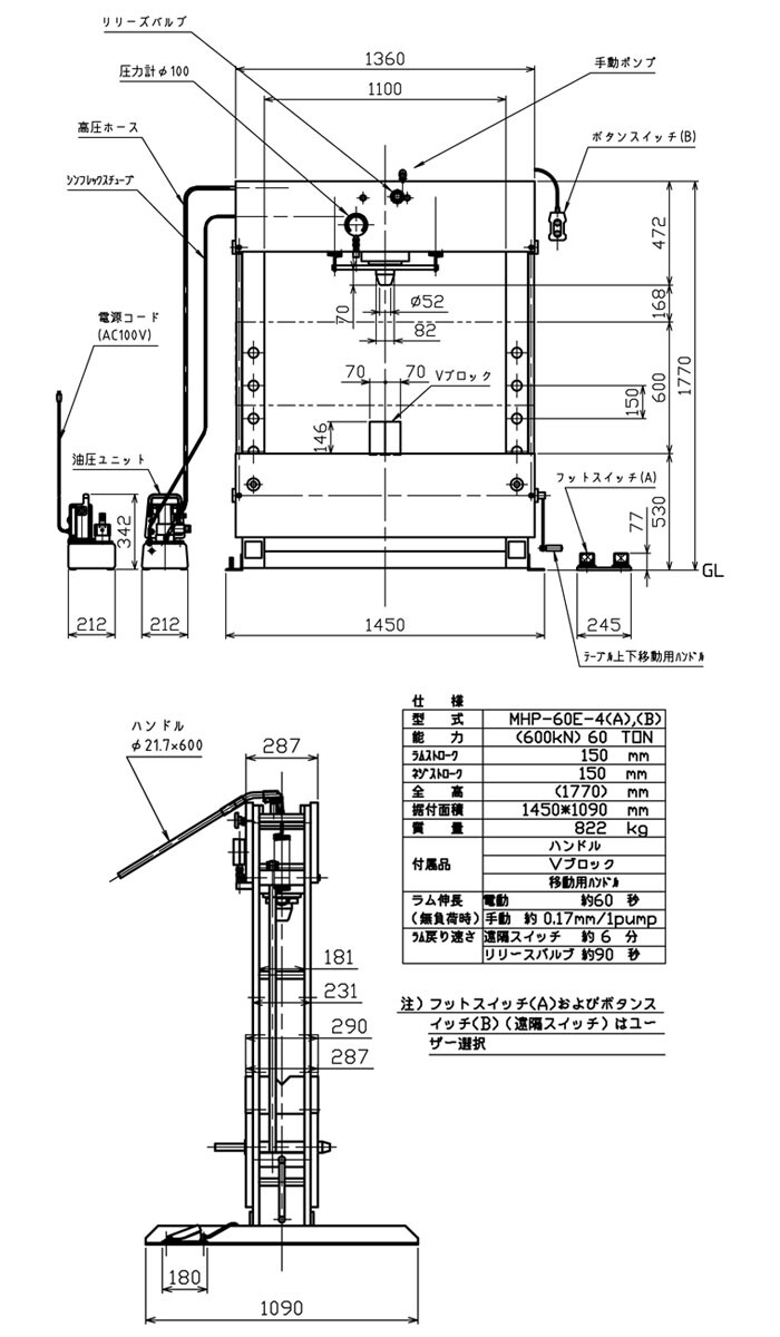MASADA（マサダ製作所） 電動式門型油圧プレス 60トン 電動+手動型 フットスイッチ式 MHP-60E-4A