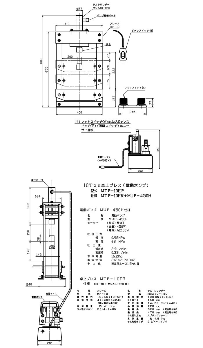MASADA（マサダ製作所） 卓上プレス 10トン ペンダントスイッチ式 MTP-10EP-B （電動ポンプ）