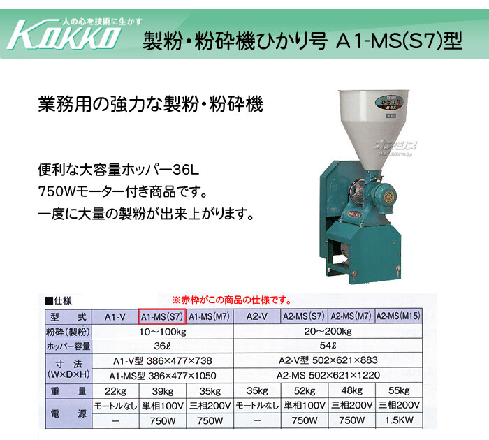 KOKKO【国光社】 製粉・粉砕機 ひかり号 A1-MS(S7)型 単相750Wモーター付き