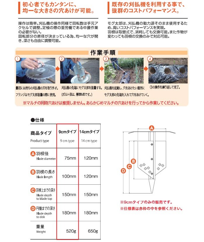 苗植え用穴掘り(刈払機用アタッチメント) モグ太郎 9cmタイプ