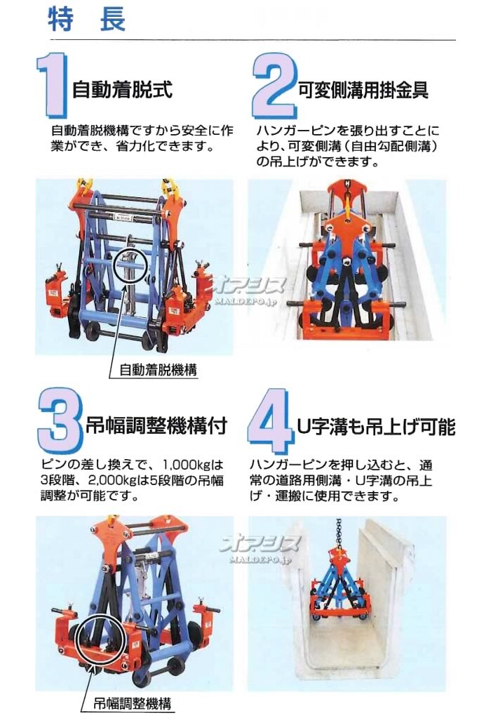 イーグルクランプ 可変側溝内つり・U字溝兼用クランプ EUIV-2000(300-500) Max2t