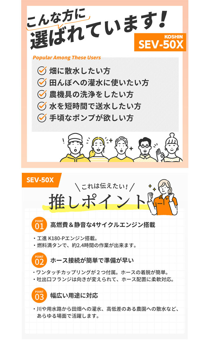 工進(KOSHIN) エンジンポンプ ハイデルスポンプ 4サイクル SEV-50X 口径φ50mm
