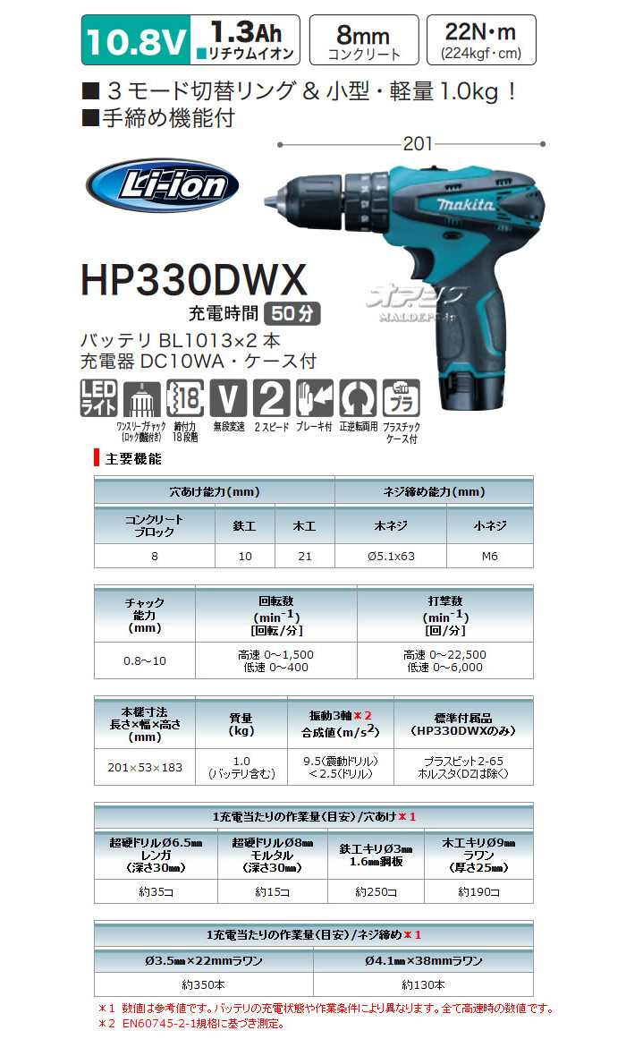 マキタ(makita) 10.8V充電式振動ドライバドリル HP330DWX 充電器・バッテリ2本・ケース付