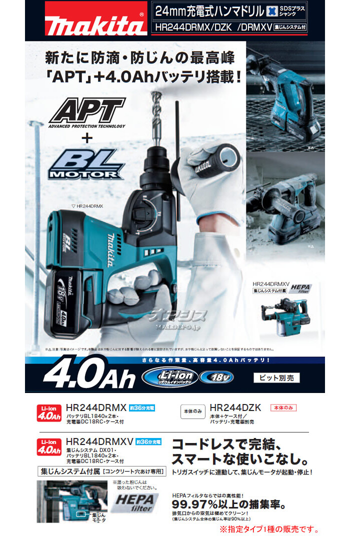 マキタ(makita) 24mm 18V充電式ハンマドリル HR244DZK 本体のみ・ケース付