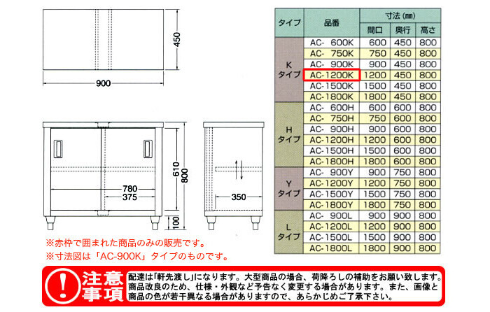 東製作所（azuma） 調理台 片面引違戸 AC-1200K【法人様向け】
