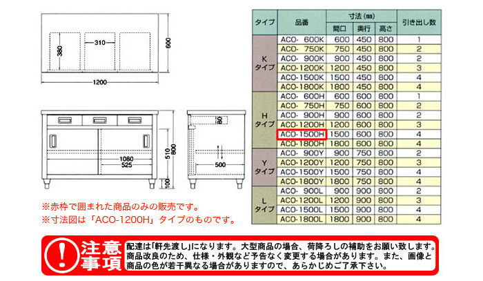 東製作所（azuma） 調理台 片面引出し付片面引違戸 ACO-1500H【法人様向け】