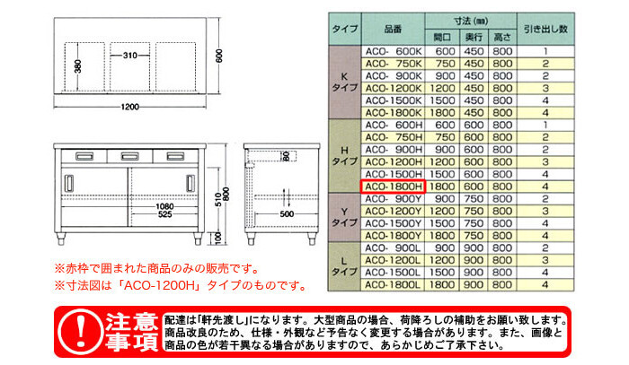 東製作所（azuma） 調理台 片面引出し付片面引違戸 ACO-1800H【法人様向け】