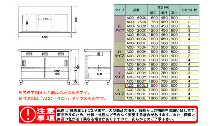 東製作所（azuma） 調理台 片面引出し付片面引違戸 ACO-900L【法人様向け】