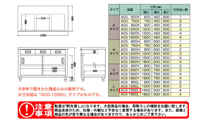 東製作所（azuma） 調理台 片面引出し付片面引違戸 ACO-1500L【法人様向け】