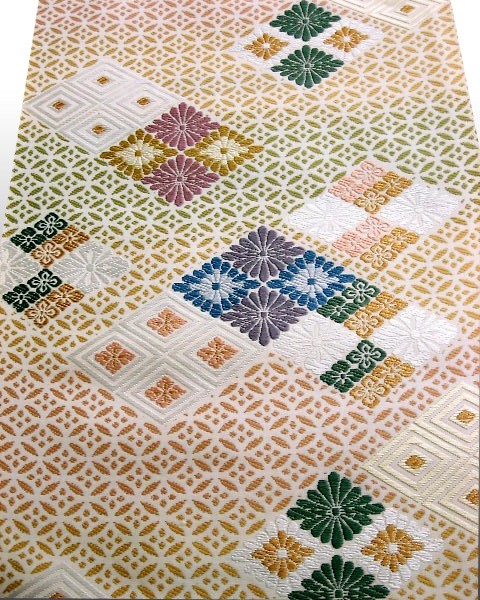 唐織 菊花文模様 白色 パステル 花菱 六通 正絹 洒落帯 カジュアルな名古屋帯 名古屋 名古屋帯 正絹名古屋帯 唐織有職菊菱文 : がま口財布