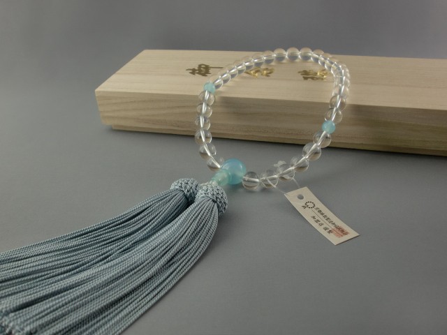 本水晶シーブルーカルセ入【数珠・女性用】