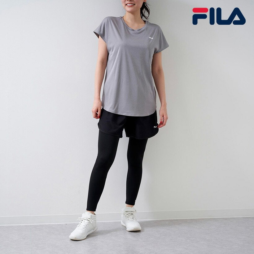 再再販 ヨガ フィットネス ウェア レディース Fila フィラ 3点セット 無地 白 黒 灰 M L Ll 半袖tシャツ レギンス ショートパンツ スポーツ 最安値挑戦