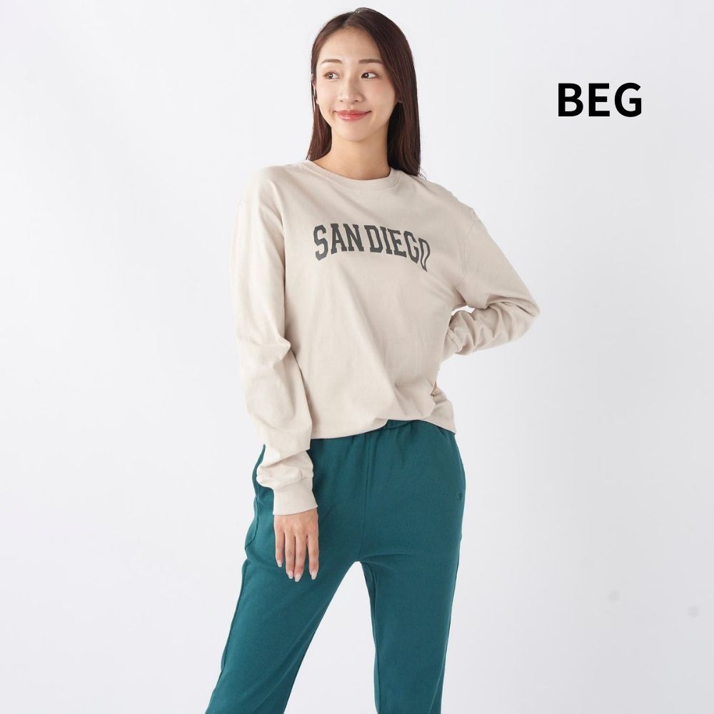レース付きベージュ長袖Tシャツ ロンT レディース カレッジロゴロンT ベーシックTシャツ