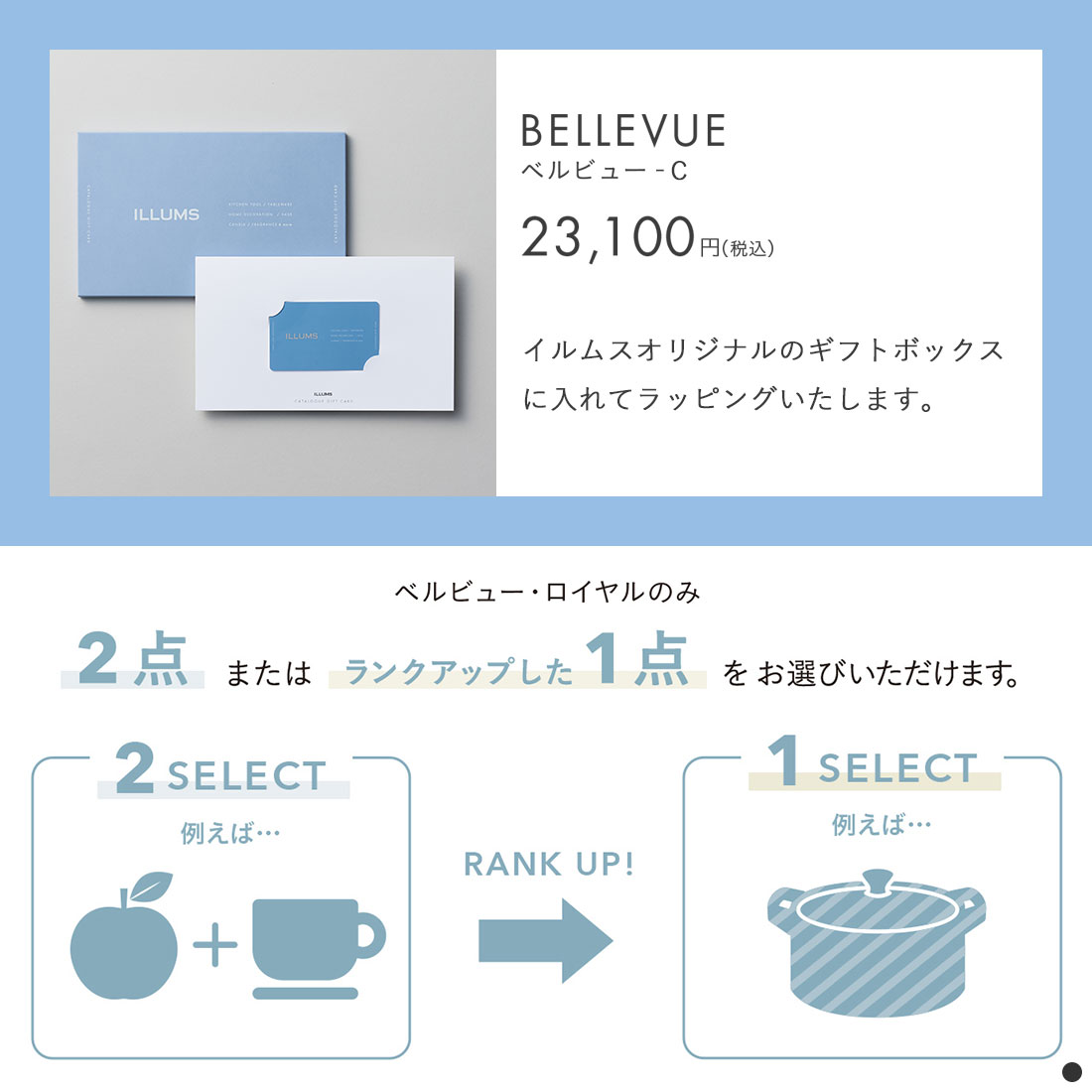 カタログギフト カードタイプ 内祝い 結婚内祝い 出産内祝い お返し ILLUMS(イルムス) e-order choice ＜ベルビュー-C＞ 商品を2点お選びいただけます。の画像