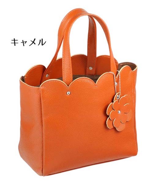 牛革お花手提げハンドバッグキャメル ブラウン本革豊岡工房 日本製