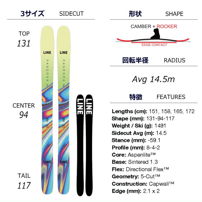[158cm/94mm幅]22-23 LINE PANDORA 94 ライン フリースキー オールラウンド カービングスキー 板単体 日本正規品｜off-1｜05