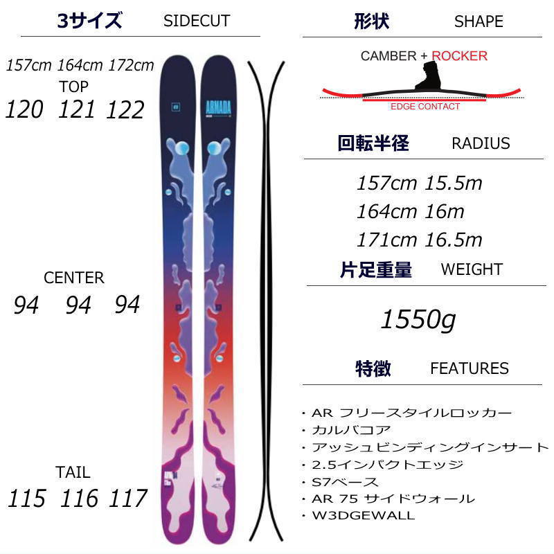 [164cm/94mm幅]ARMADA ARW 94+AAATTACK2 11 アルマダ フリースキー＋ビンディングセット  オールラウンドフリースタイルスキー