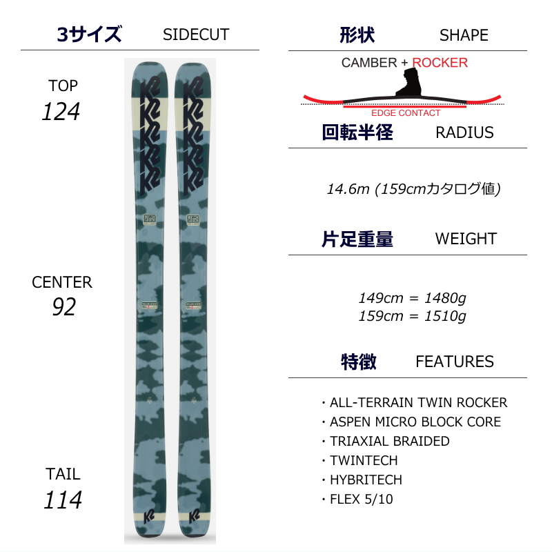 K2 RECKONER 92 W+ATTACK 14 GW スキー＋ビンディングセット ツインチップスキー フリースキー フリースタイルスキー [149cm/92mm幅] 23-24｜off-1｜07