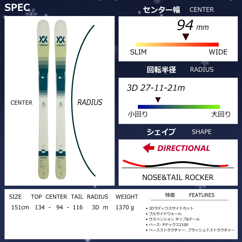 [センター幅94mm 151cm]VOLKL BLAZE 94W+SQUIRE 11 型落ち旧モデルスキー板セット セミファットスキー フリースキーの画像