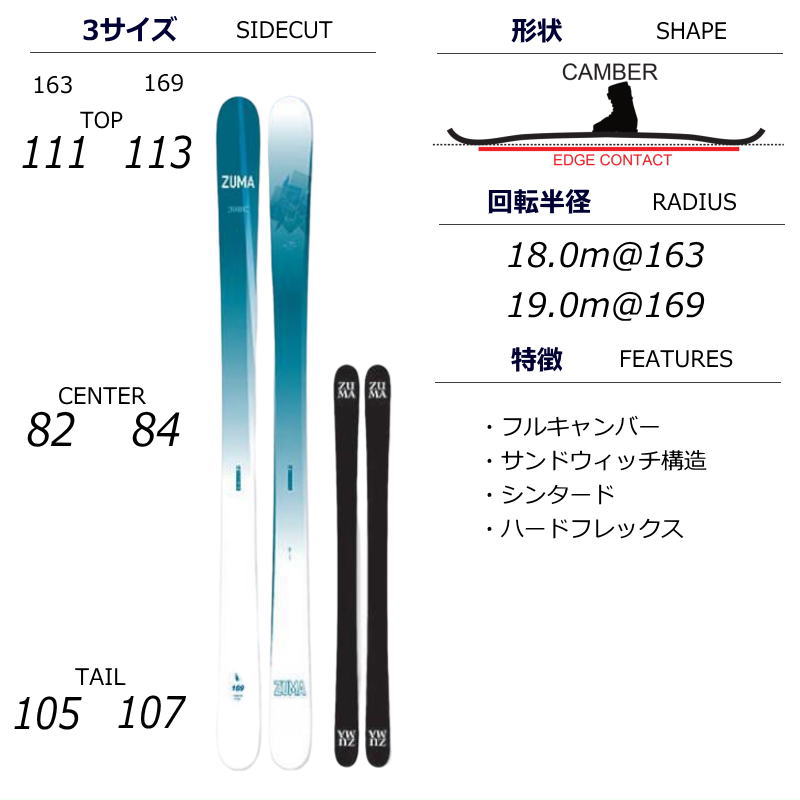 [169cm/84mm幅]ZUMA FLAGEA+ATTACK 14 GW ツマ フリースキー＋ビンディングセット オールラウンドフリースタイルスキー｜off-1｜06