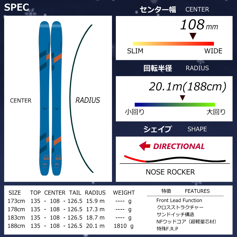 [センター幅108mm 188cm]OGASAKA ET-10.8+ATTACK 11LYT  型落ち旧モデルスキー板セット セミファットスキー フリースキー |  | 06