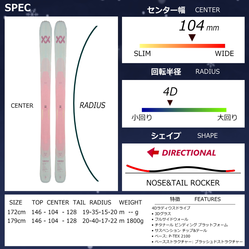 VÖLKL スキー板 ピンク青グラデーション　ブーツ　ストック3点セット VOLKL（フォルクル） [センター幅104mm 172cm|179cm]VOLKL BLAZE 104