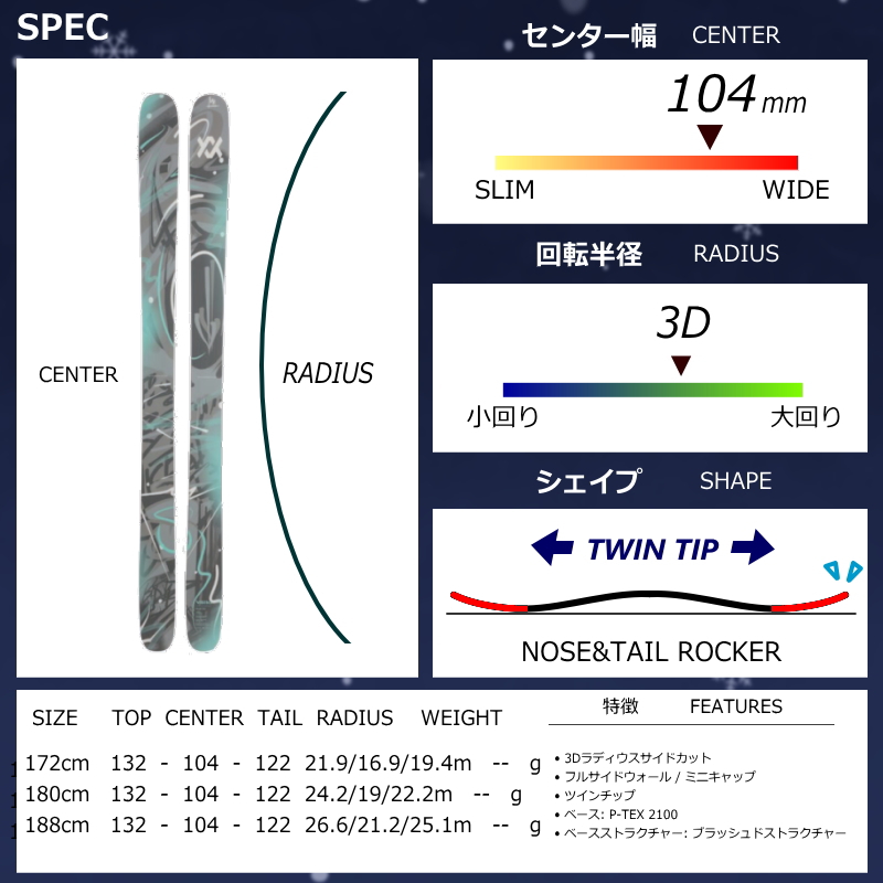 ファットスキー　サーフェスLAB001 長さ181 前161 幅131後161 センター幅98mm 164cm|173cm|179cm]ZUMA G.S.T+XPRESS 10 26モデル
