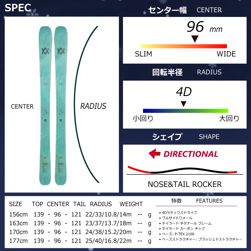 [センター幅96mm 156cm|163cm]VOLKL SECRET 96+SQUIRE 11 型落ち旧モデルスキー板セット フリースキーの画像