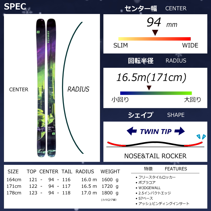 [センター幅94mm 164cm|171cm|178cm]ARMADA ARV 94 MADSTEEZ+XPRESS 10 GW 27モデルスキー板セット ツインチップスキー フリースキー フリースタイルスキー | ARMADA | 08