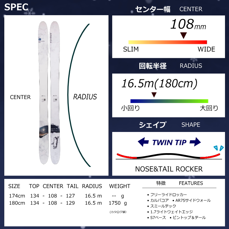 [センター幅108mm 174cm|180cm]ARMADA WHITEWALKER 108+ATTACK 14 GW 27モデルスキー板セット オールマウンテン パウダー | ARMADA | 08