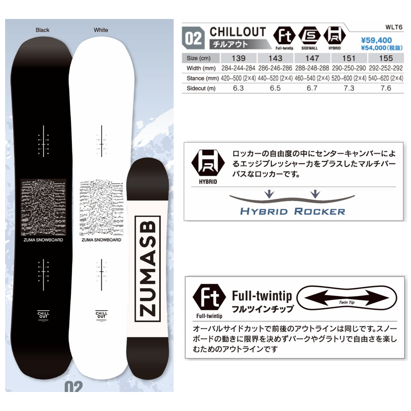 22-23 ZUMA CHILLOUTカラー:WHITE 155cm ツマチルアウト グラトリ 日本正規品 メンズ スノーボード 板単体  ダブルキャンバー