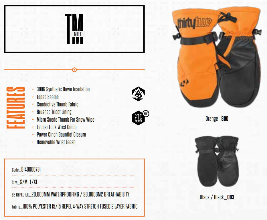 ●【早期予約商品】23-24 THIRTYTWO TM MITT カラー:ORANGE S/Mサイズ サーティーツー スキー スノーボード