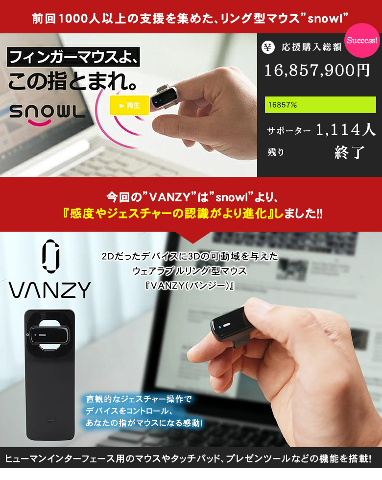 VANZY バンジー リング型マウス リングマウス 次世代マウス フィンガーマウス 指マウス Snowl スノール 後継機 空中操作 遠隔 スマホ操作  遠隔操作