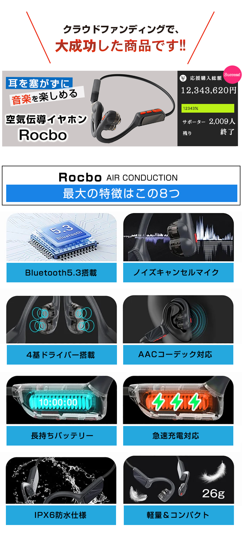 Rocbo 空気伝導イヤホン ロクボ 耳を塞がない 耳が痛くならない 耳を塞がなくていい ワイヤレスイヤホン 空気伝導式 空気伝導型 新感覚 新発想  4基スピーカー