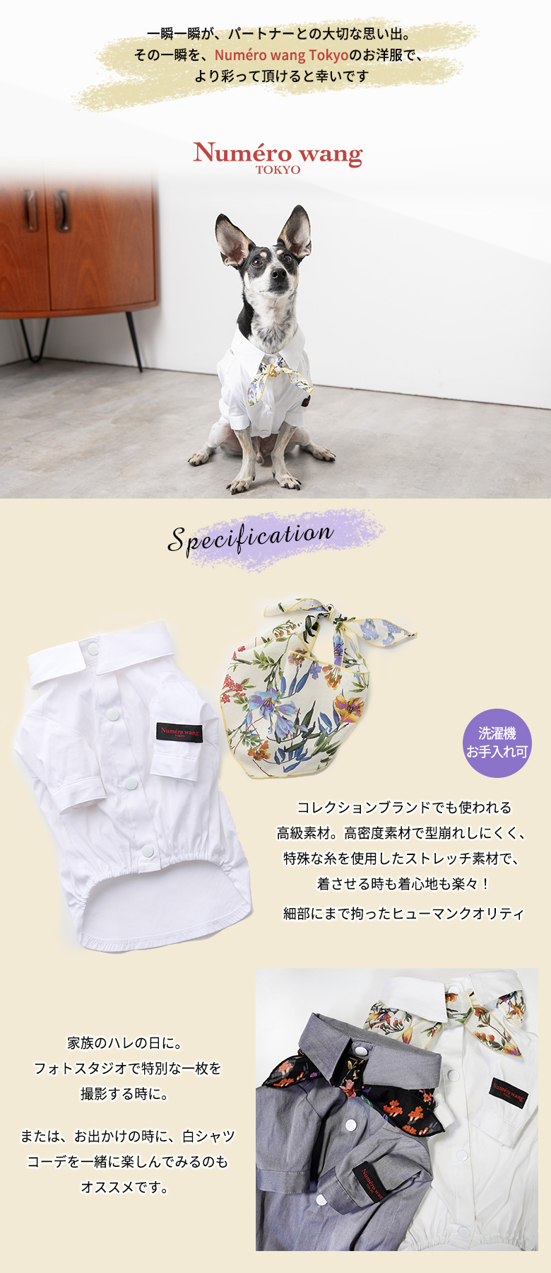 Numero wang Tokyo スカーフ付きストレッチシャツ ダックス、胴長さん