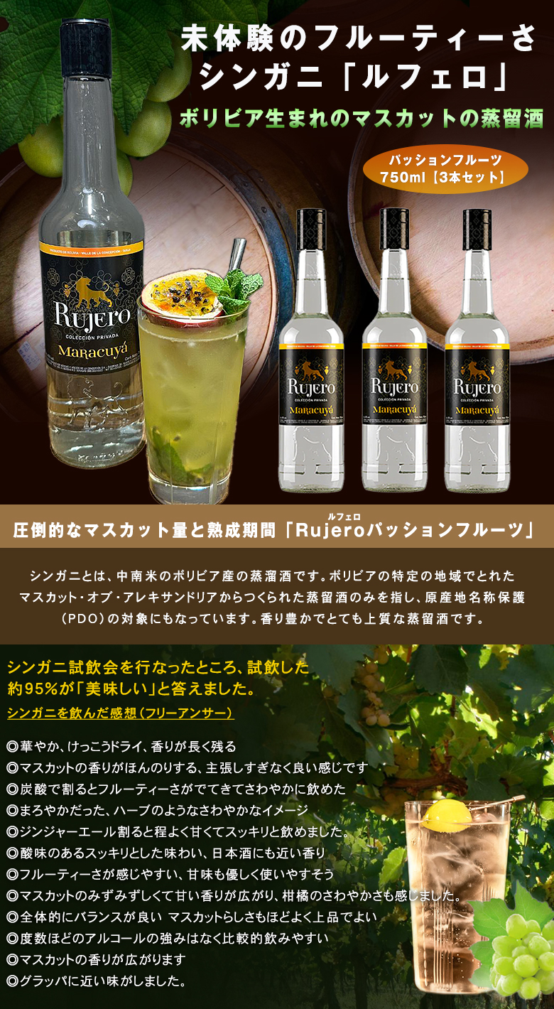 【蒸留酒 アップル ロイヤル 】　インテリア用 シンガニ ルフェロ パッションフルーツ 3本セット Rujero Private