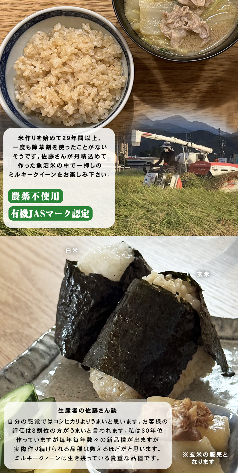 令和7年新米 魚沼産 農薬不使用 有機認定 ミルキークイーン 玄米 5kg