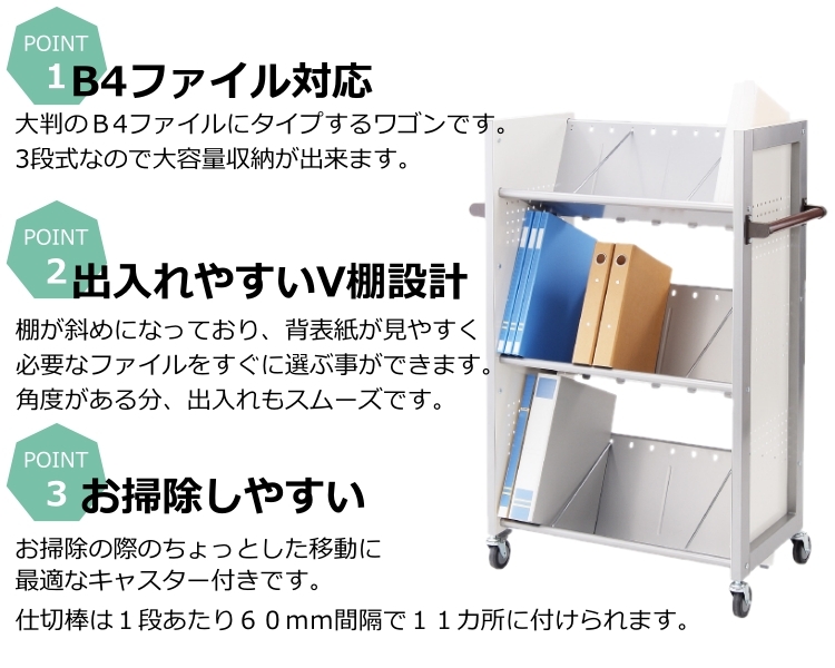 ファイルワゴン 3段 B4ファイル対応 サイドワゴン スチールラック